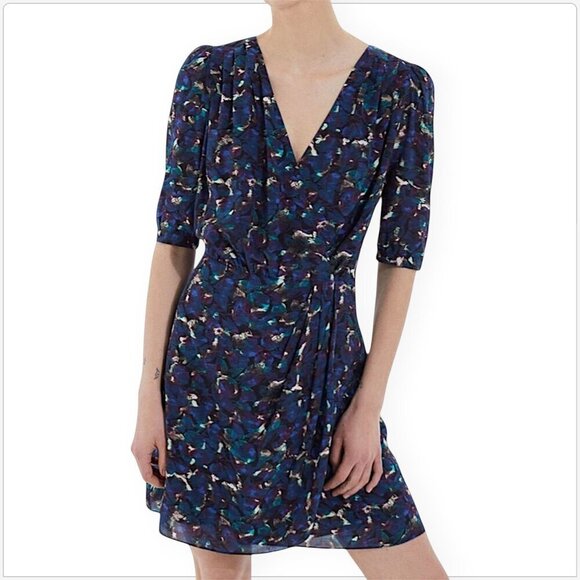 The Kooples Paris Short Printed Blue Wrap Dress Floral New NWOT 3 / Large L - Picture 1 of 8